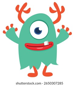 Cartoon cute monster with funny excited face expression waving hands . Vector illustration isolated on white. Halloween design