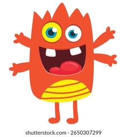 Cartoon cute monster with funny excited face expression waving hands . Vector illustration isolated on white. Halloween design