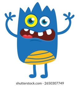 Cartoon cute monster with funny excited face expression waving hands . Vector illustration isolated on white. Halloween design