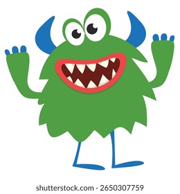 Cartoon cute monster with funny excited face expression waving hands . Vector illustration isolated on white. Halloween design