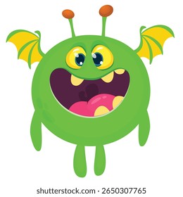 Cartoon cute monster with funny excited face expression waving hands . Vector illustration isolated on white. Halloween design.