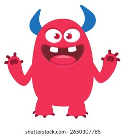 Cartoon cute monster with funny excited face expression waving hands . Vector illustration isolated on white. Halloween design