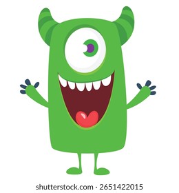 Cartoon cute monster with funny excited face expression waving hands . Vector illustration isolated on white. Halloween design