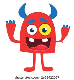 Cartoon cute monster with funny excited face expression waving hands . Vector illustration isolated on white. Halloween design