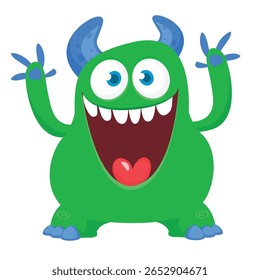 Cartoon cute monster with funny excited face expression waving hands . Vector illustration isolated on white. Halloween design