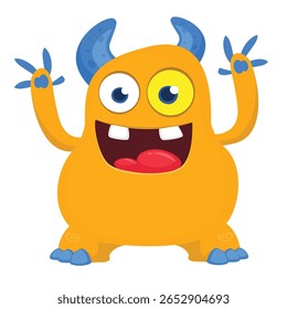 Cartoon cute monster with funny excited face expression waving hands . Vector illustration isolated on white. Halloween design