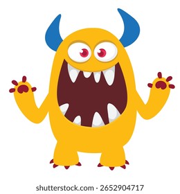 Cartoon cute monster with funny excited face expression waving hands . Vector illustration isolated on white. Halloween design