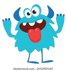 Cartoon cute monster with funny excited face expression waving hands . Vector illustration isolated on white. Halloween design