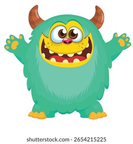 Cartoon monstro bonito com engraçado excitado face expressão acenando mãos . Ilustração vetorial isolada em branco. Design de Halloween.
