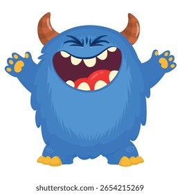 Cartoon cute monster with funny excited face expression waving hands . Vector illustration isolated on white. Halloween design.