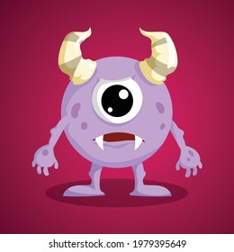 Cartoon cute monster. Horned, one eyed disappointed creature. Cyclops looking character. Vector illustration.