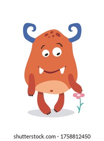 Cartoon cute monster mascot with flower. Poster for baby room. Childish print for nursery. Design can be used for fashion t-shirt, greeting card, baby shower. Halloween vector illustration.