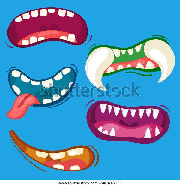 感情表現の異なるカワイイモンスターマウス 歯 舌 口のコレクション ハロウィーンのベクターイラスト のベクター画像素材 ロイヤリティフリー