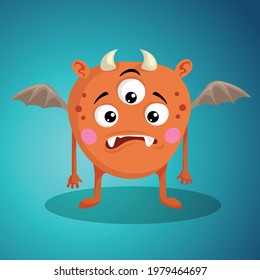Cartoon cute monster. Multi-eyed, horned with wings creature. Best for halloween party designs. Vector illustration.