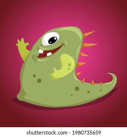 Cartoon cute monster. One-eyed green smiling creature. Vector illustration.