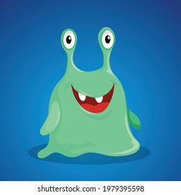 Cartoon cute monster. Snail looking with  two big eyes green smiling creature. Vector illustration.