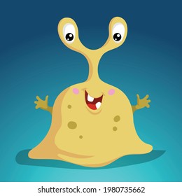 Cartoon cute monster. Snail looking with two big eyes yellow smiling creature. Vector illustration.