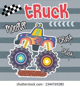 Cartoon of cute monster truck on striped background illustration vector