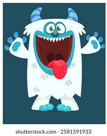 Cartoon cute monster yeti bigfoot with funny excited face expression waving hands.