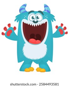 Cartoon cute monster yeti bigfoot with funny excited face expression waving hands.