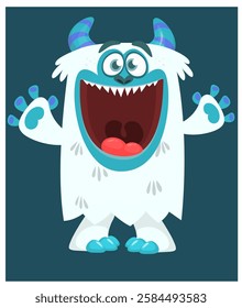 Cartoon cute monster yeti bigfoot with funny excited face expression waving hands.