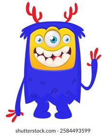 Cartoon cute monster yeti bigfoot with funny excited face expression waving hands.