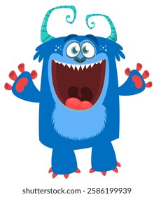 Cartoon cute monster yeti bigfoot with funny excited face expression waving hands.