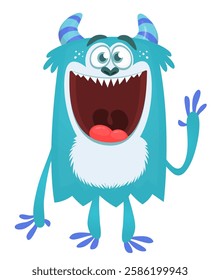 Cartoon cute monster yeti bigfoot with funny excited face expression waving hands.