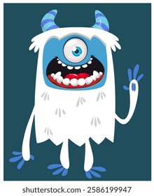 Cartoon cute monster yeti bigfoot with funny excited face expression waving hands.