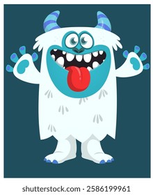 Cartoon cute monster yeti bigfoot with funny excited face expression waving hands.