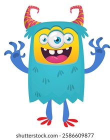 Cartoon cute monster yeti bigfoot with funny excited face expression waving hands.