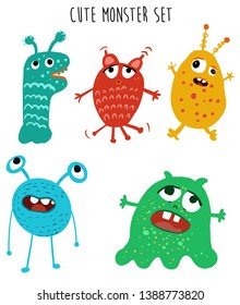 Cartoon cute monsters alien vector set illustration