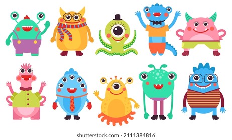 Caricatura monstruos lindos. Monstruo de color plano, personajes con ojos, cuernos. Alienígenas graciosos, mascotas feas amigables para los niños, colección decente de vectores