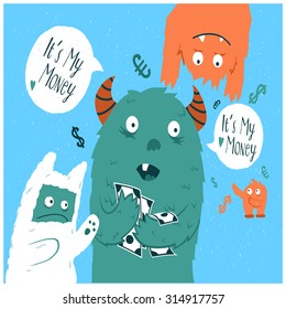 Cartoon cute monsters. Greedy monster