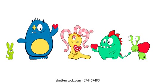 Cartoon cute monsters with hearts. Friendly monster. For Valentine's Day, Birthday. Isolated background.
