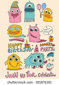 Cartoon cute monsters, monster party card design. vector illustration