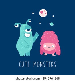 Cartoon cute monsters for print design. Vector illustration for children. 