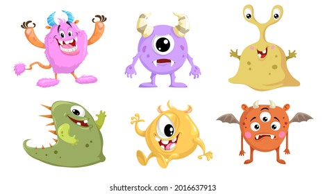 Cartoon cute monsters set. Funny creatures collection. Best for birthday and halloween party designs. Vector illustrations isolated on white background.