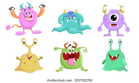 Cartoon cute monsters set. Funny creatures collection. Best for birthdsy and halloween party designs. Vector illustrations isolated on white background.
