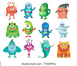 Cartoon cute  monsters set, isolated on white background Design for print, party decoration, t-shirt. Vector illustration.