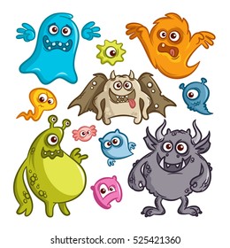 Cartoon Cute Monsters Sticker Set Vector Illustration