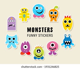 Cartoon cute Monsters stickers logo kids Halloween.Design template vector illustration with funny cartoon monster isolated.Sign funny horror.Icon for print,party decoration,t-shirt,illustration,emblem