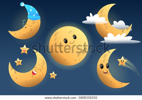 Cartoon cute moon character. Illustration\
for children, happy moon, sleep moon, cartoon character in the sky.\
Night, stars. Vector\
illusrtation