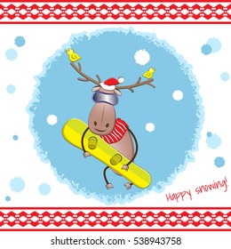 Cartoon cute moose with a snowboard in the New Year