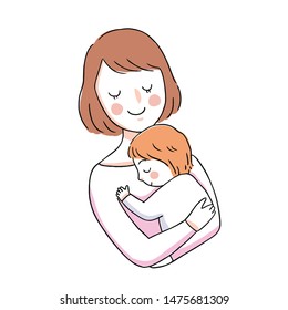 Cartoon cute mother and baby hugging vector.