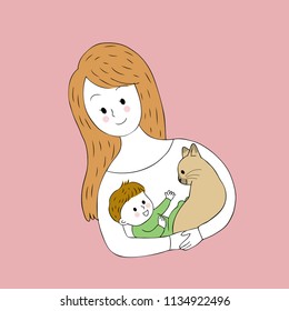 Cartoon cute mother carries baby and cat vector.