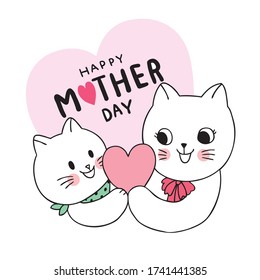 Cartoon cute Mother day, white cats mom and baby and heart vector.