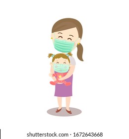 Cartoon Cute Mother And Kids Wear Face Mask Vector