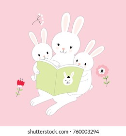 Cartoon cute mother rabbit is reading the fairy tales to little rabbits vector.