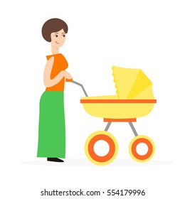 Cartoon Cute Mother with a Stroller Takes Care of Baby Flat Design Style. Vector illustration